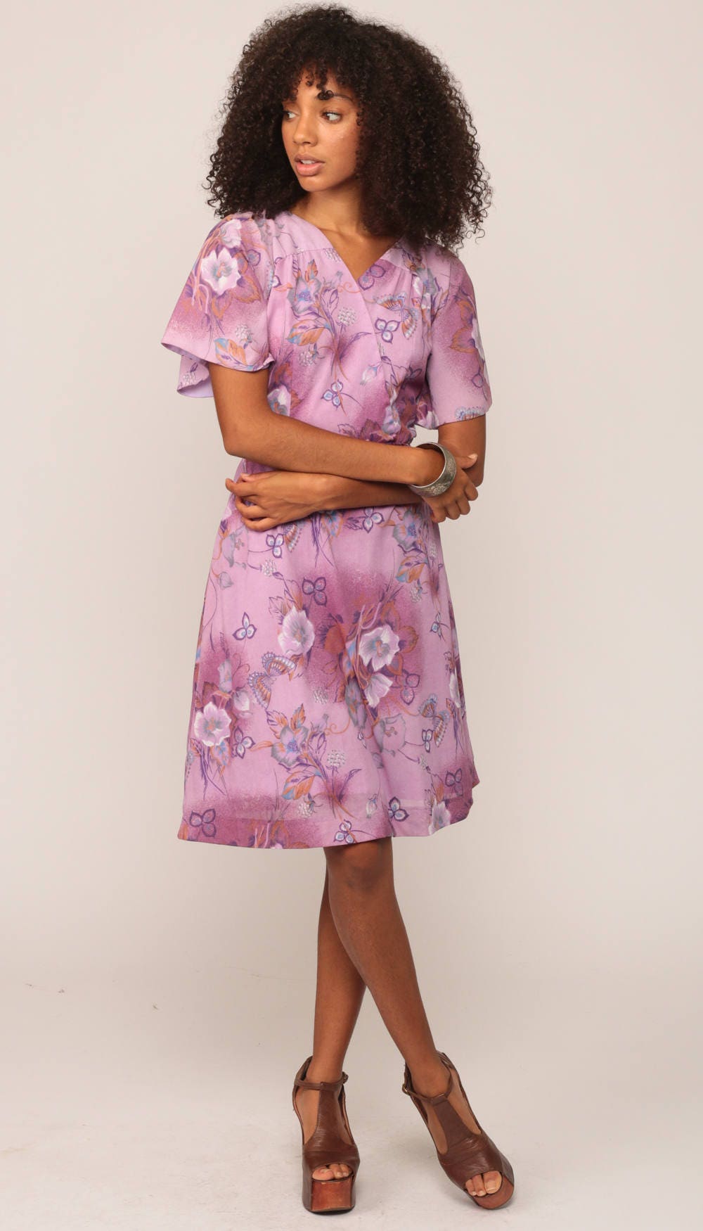 70s Purple Floral Butterfly Midi Dress High Waist Wrap Belted Medium
