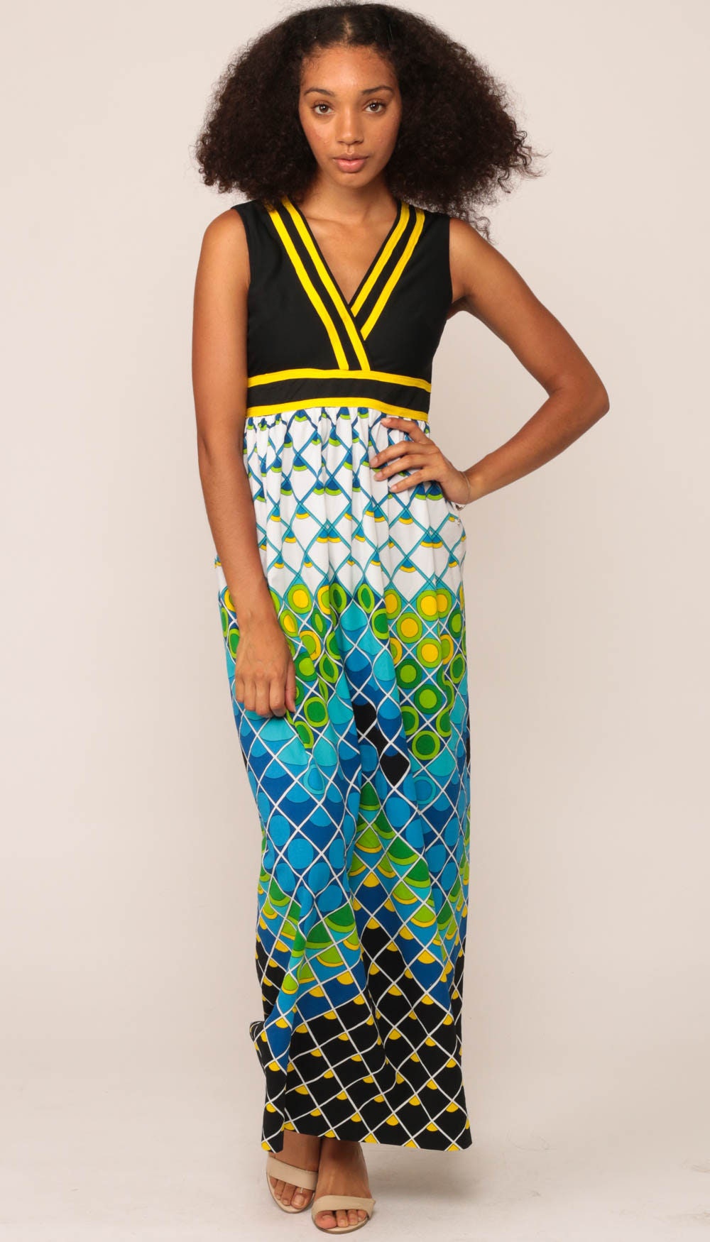 70s Psychedelic Print Maxi Dress Sleeveless Empire Waist V Neck Blue Small