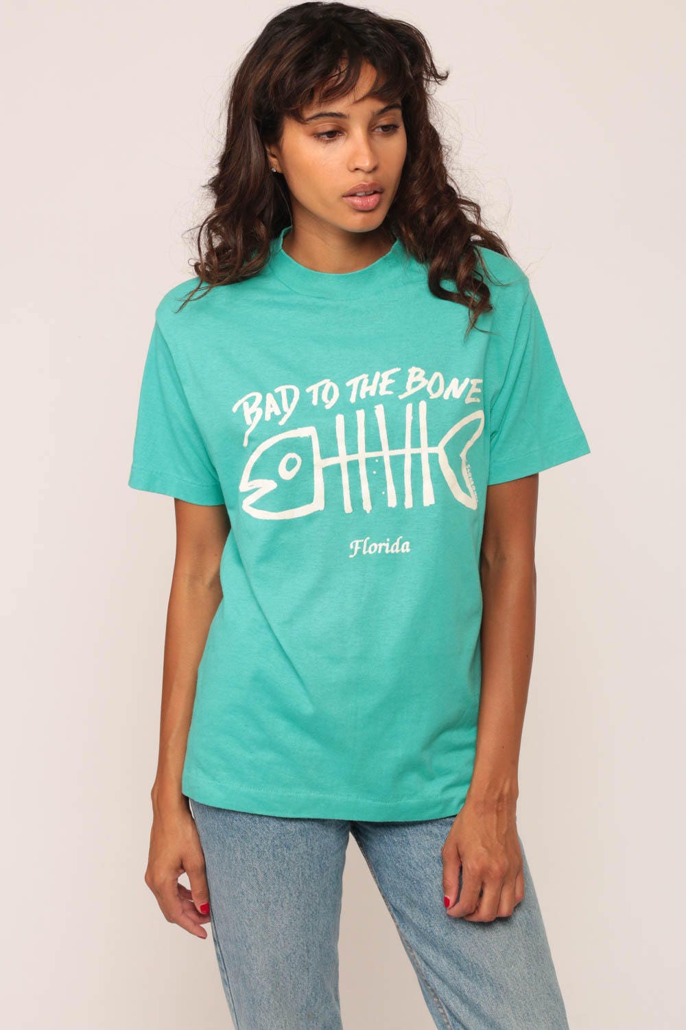90s Florida Bad to the Bone Fish Graphic T-Shirt Turquoise Medium