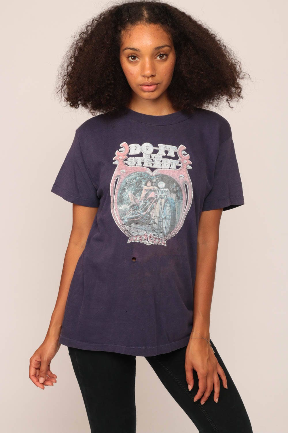 1976 Naked Biker Chick Motorcycle Graphic T-Shirt Faded Blue Large