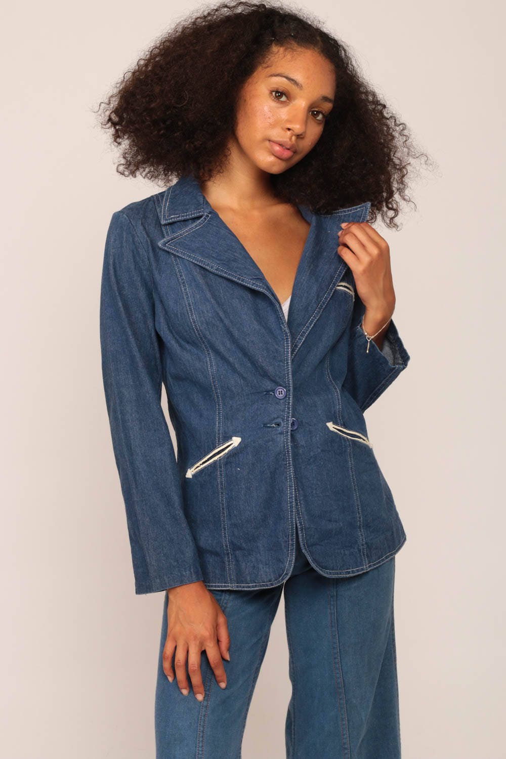 70s Denim Blazer Jacket Blue Faux Leather Trim Small