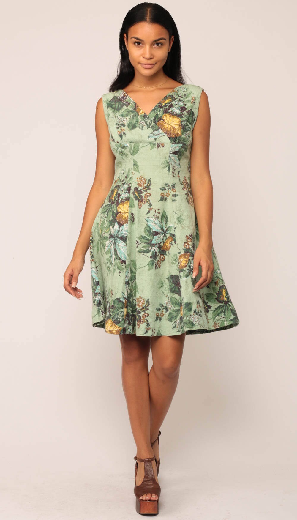 1950s Green Floral Leaf Print Sleeveless V-Neck Mini Dress Empire Waist Large