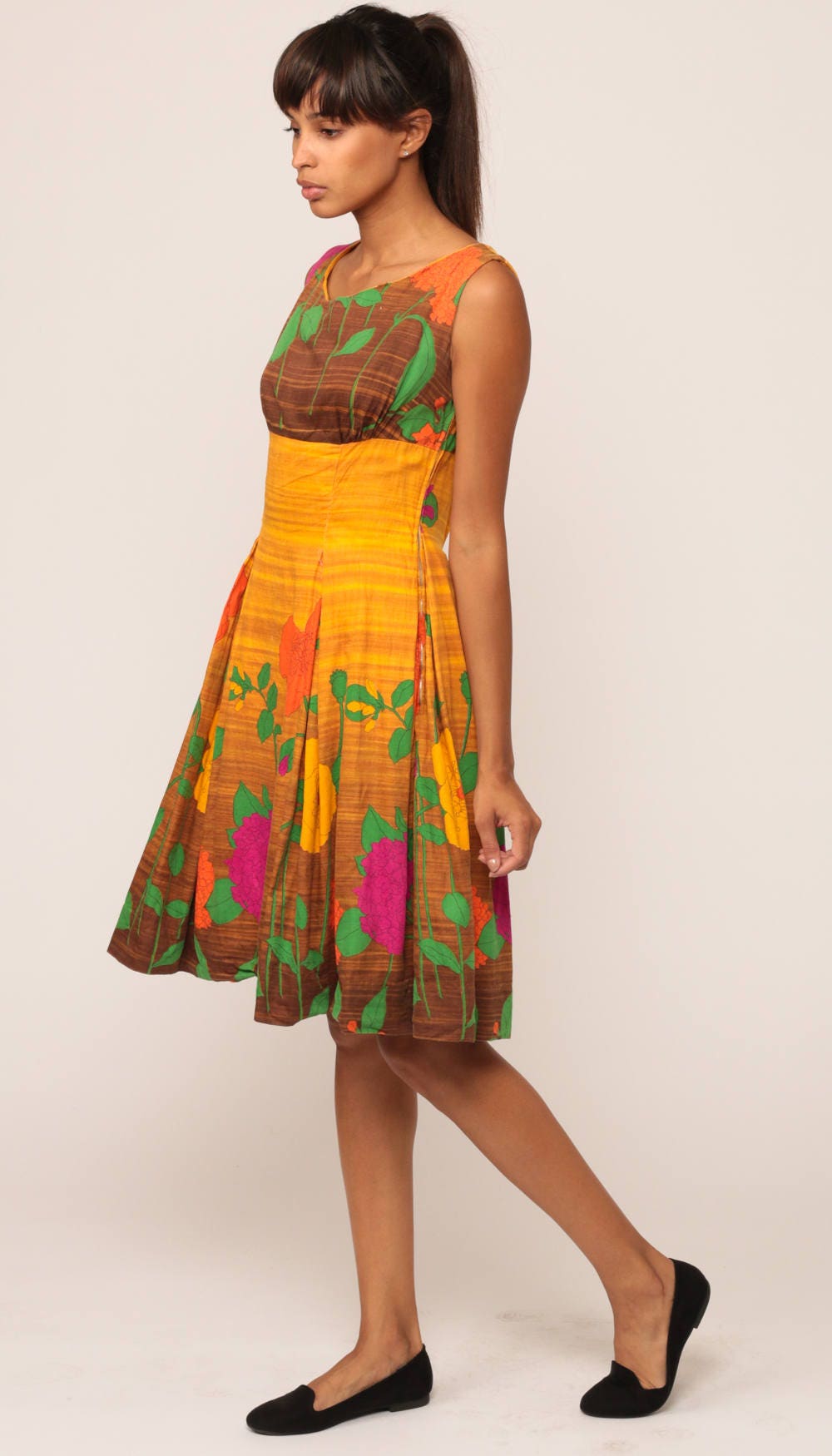 60s Floral Mini Dress Golden Yellow Brown Empire Waist Pleated Cotton Small