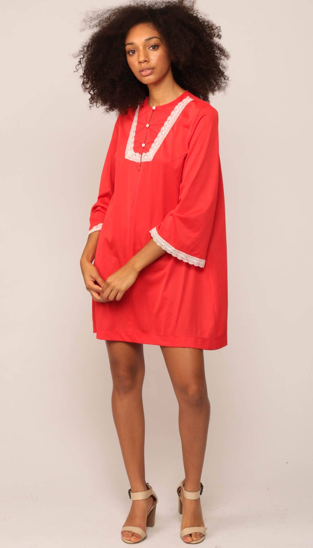 70s Red Nylon Nightgown Lace Trim Mini Slip Dress Large