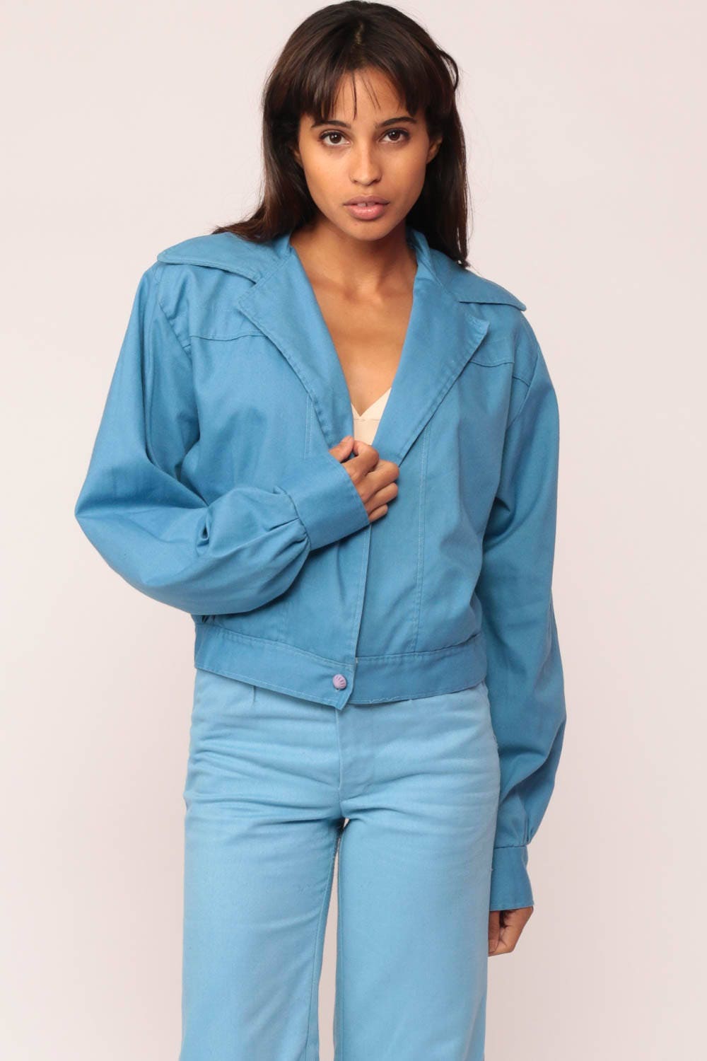 70s Blue Jacket Open Front Pointed Collar Single Button Medium