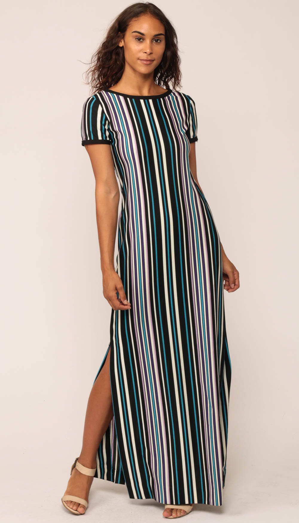 70s Striped Maxi Dress Black Blue Vertical Stripe Short Sleeve Slit Small