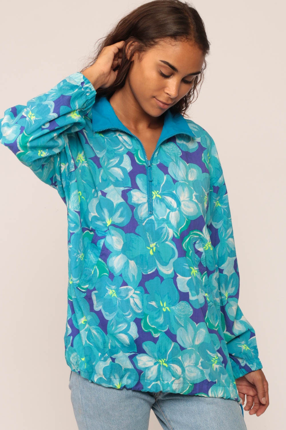 90s Floral Nylon Windbreaker Jacket Blue Half Zip Pullover Small