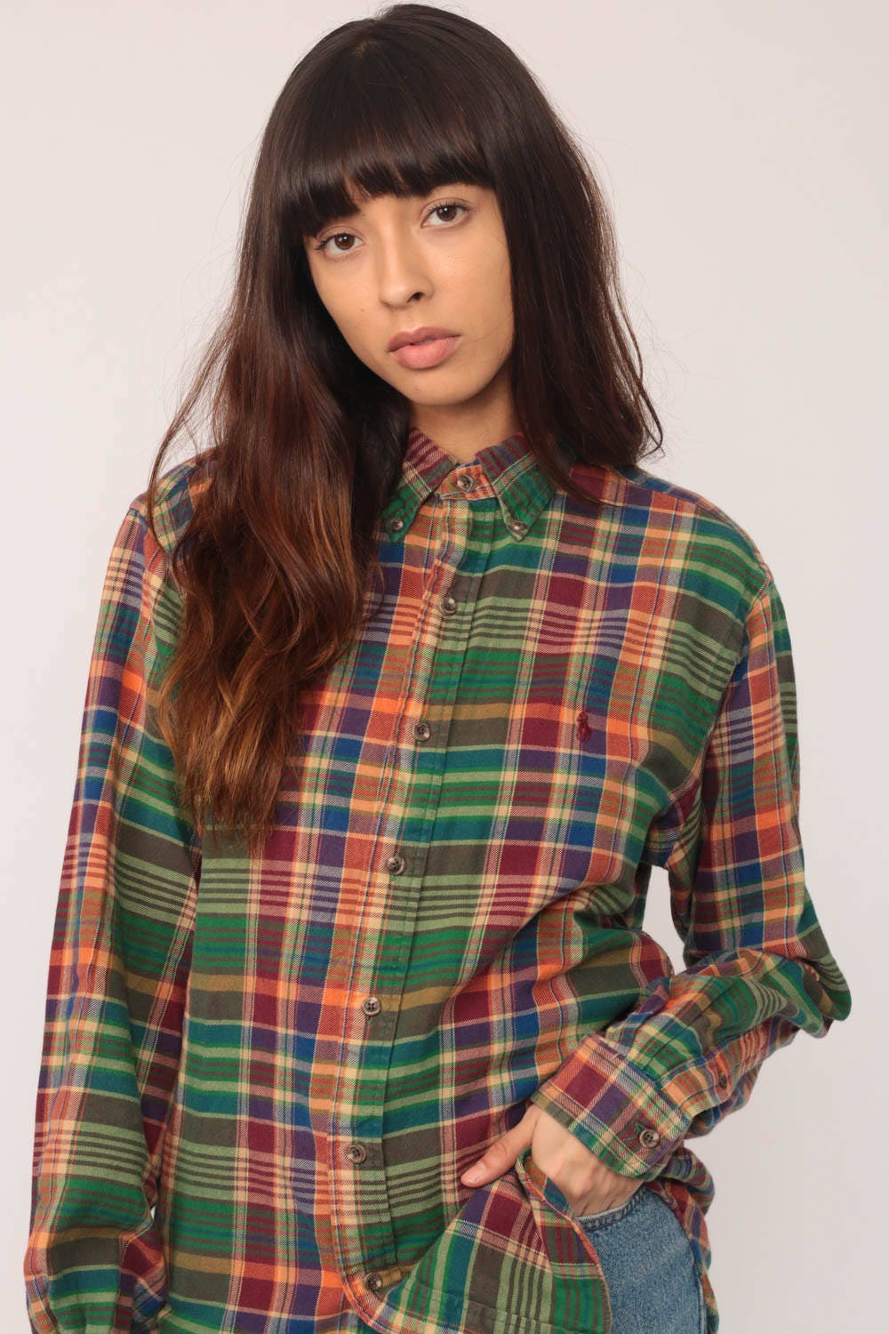 90s Ralph Lauren Green Plaid Oxford Shirt Long Sleeve Button Up Small