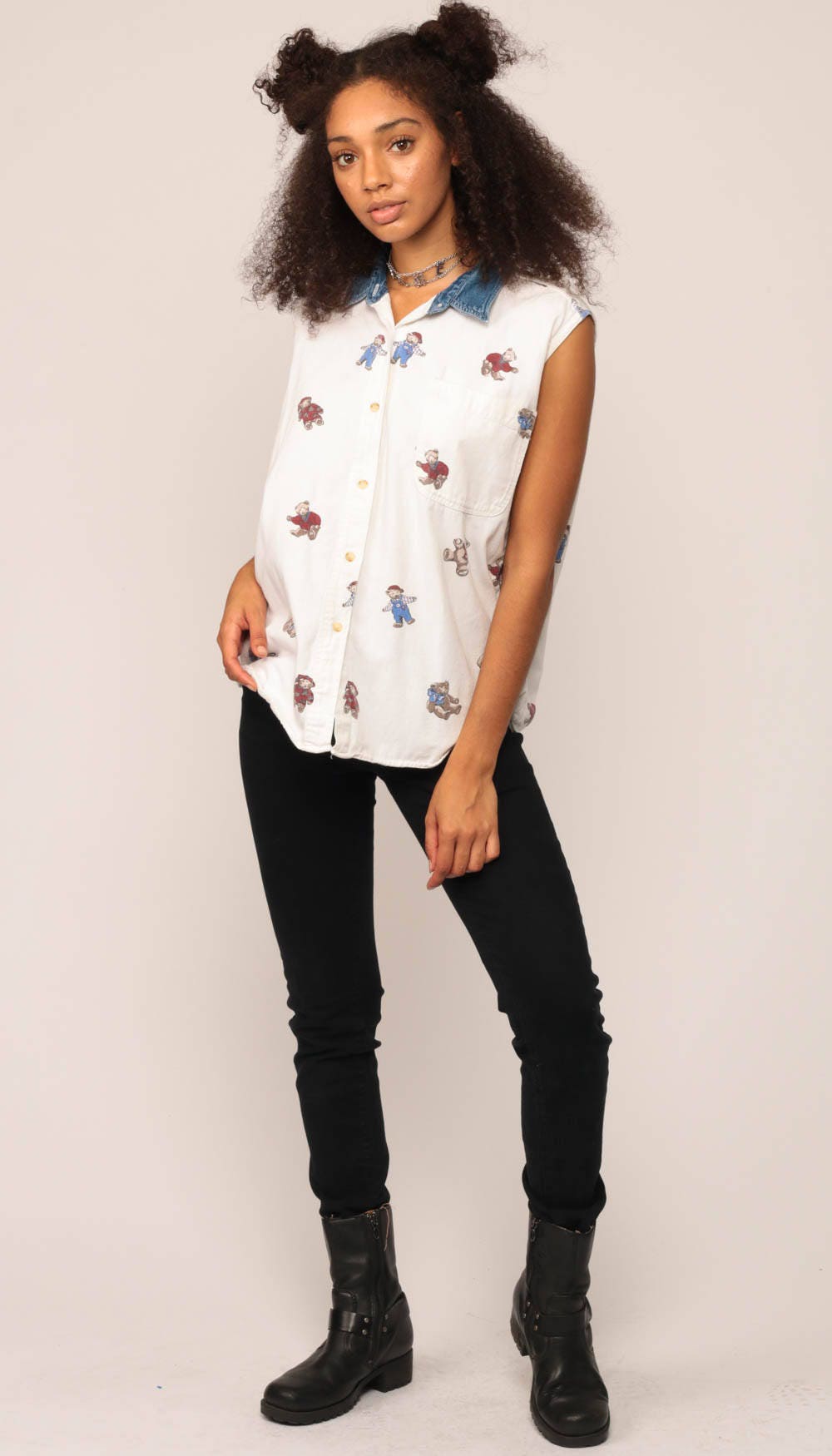 90s Teddy Bear Print Denim Collar Button-Up Blouse White Sleeveless Large