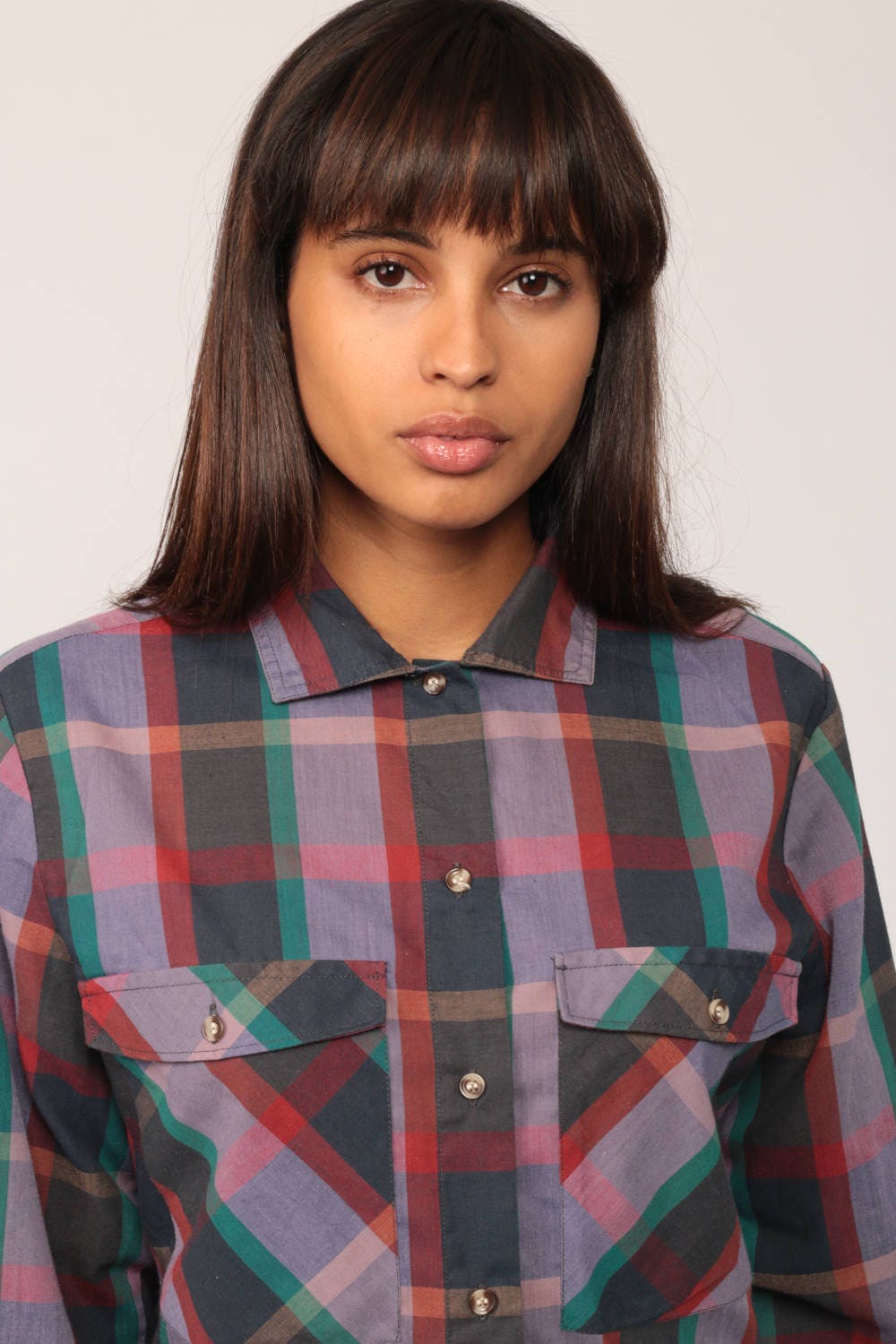 70s Lee Plaid Button-Up Shirt Purple Grey Red Green Medium