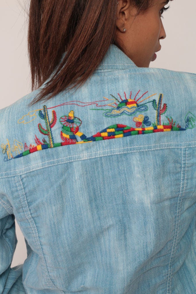 70s Embroidered Cactus Denim Jacket Blue Jean Jacket Extra Small
