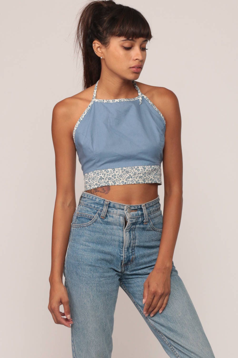 90s Blue Floral Halter Crop Top Backless Tie-Back Blouse Extra Small