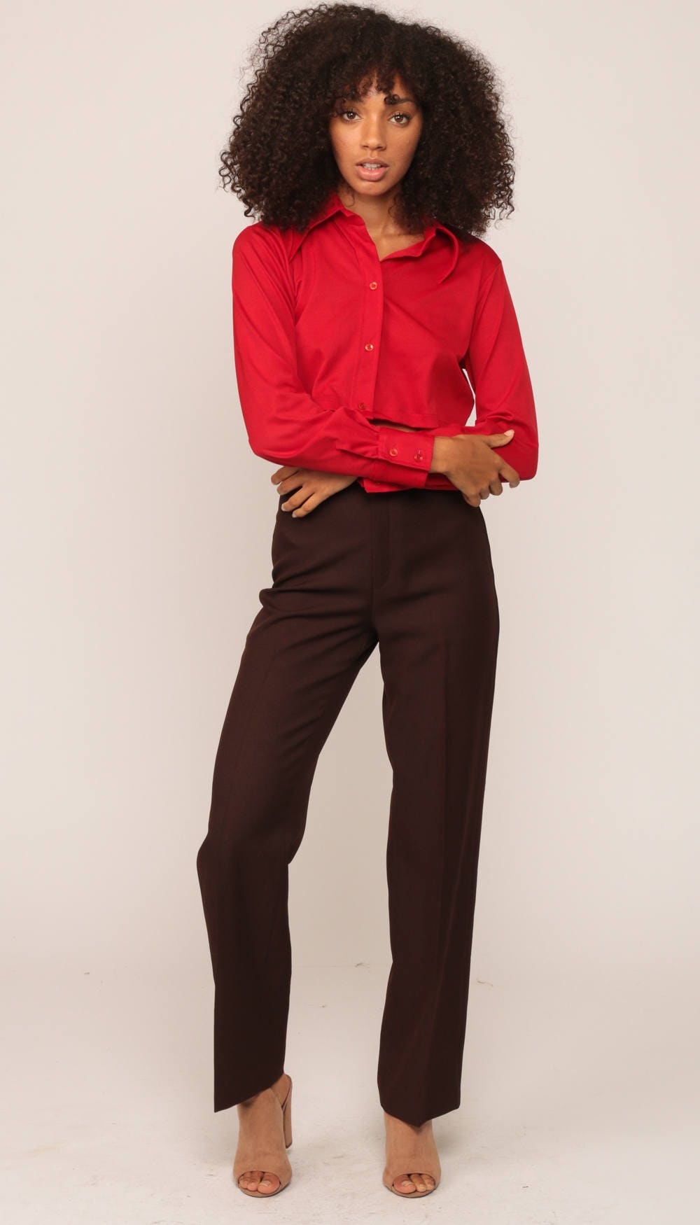 70s Red Crop Top Button-Up Collared Shirt Long Sleeve Small Medium