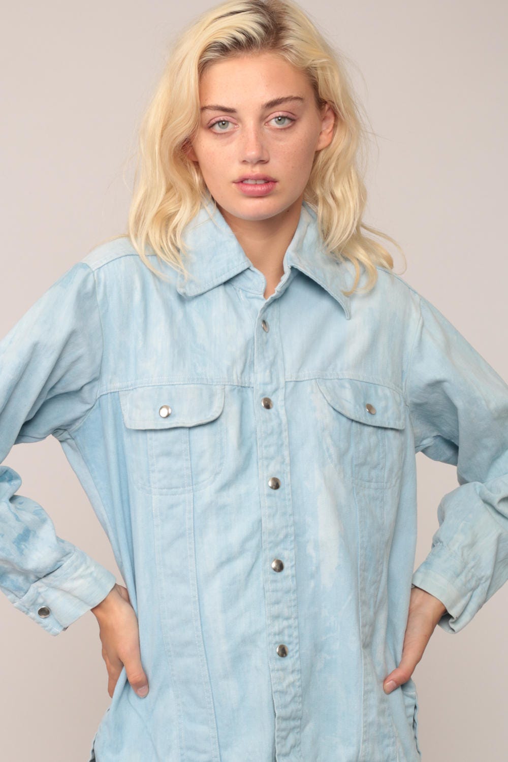 70s Blue Denim Button-Up Shirt Long Sleeve Snap Front Large