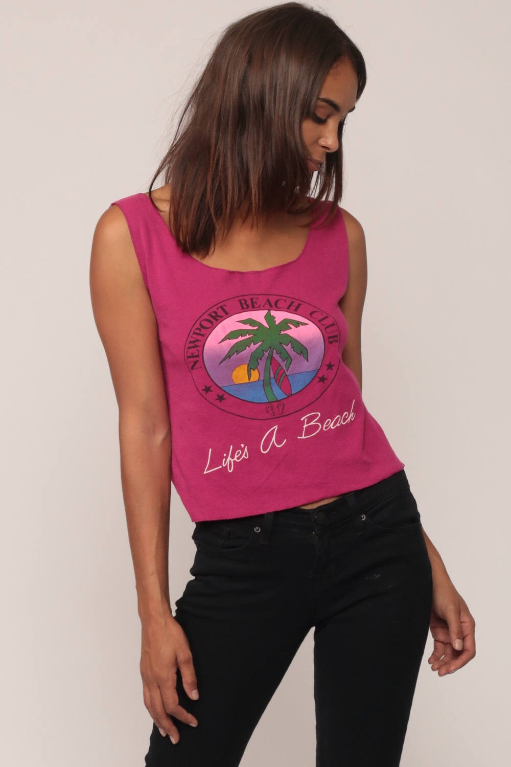 80s Newport Beach Club Tank Top Purple Palm Tree Graphic Small Medium