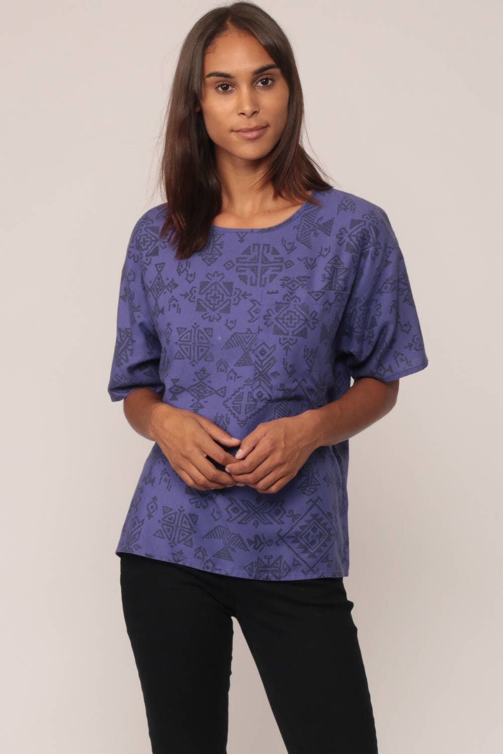 80s Aztec Tribal Print T-Shirt Purple Pocket Tee Medium Large