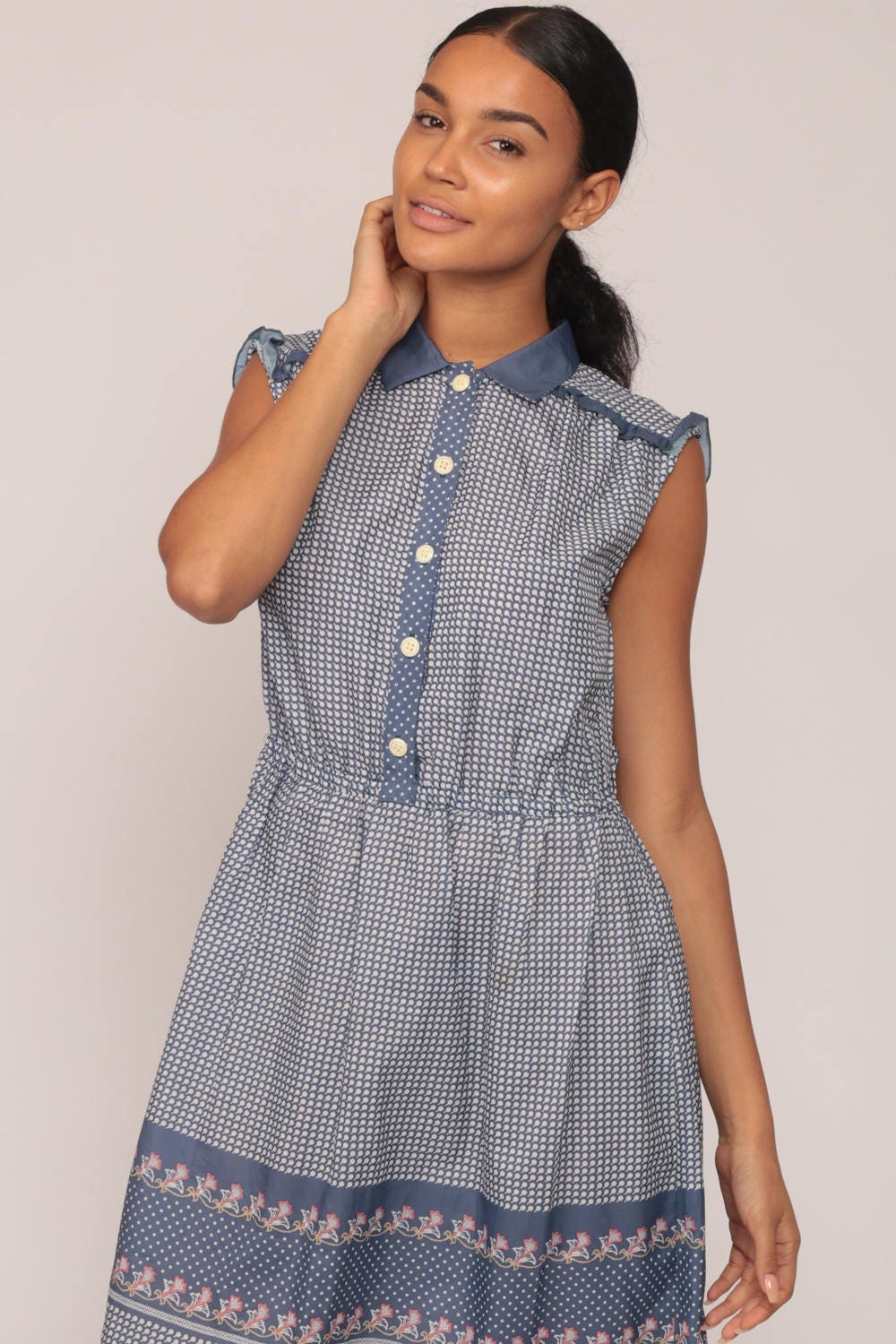 70s Blue Geometric Dot Print Midi Dress High Waist Button Up Collar Large