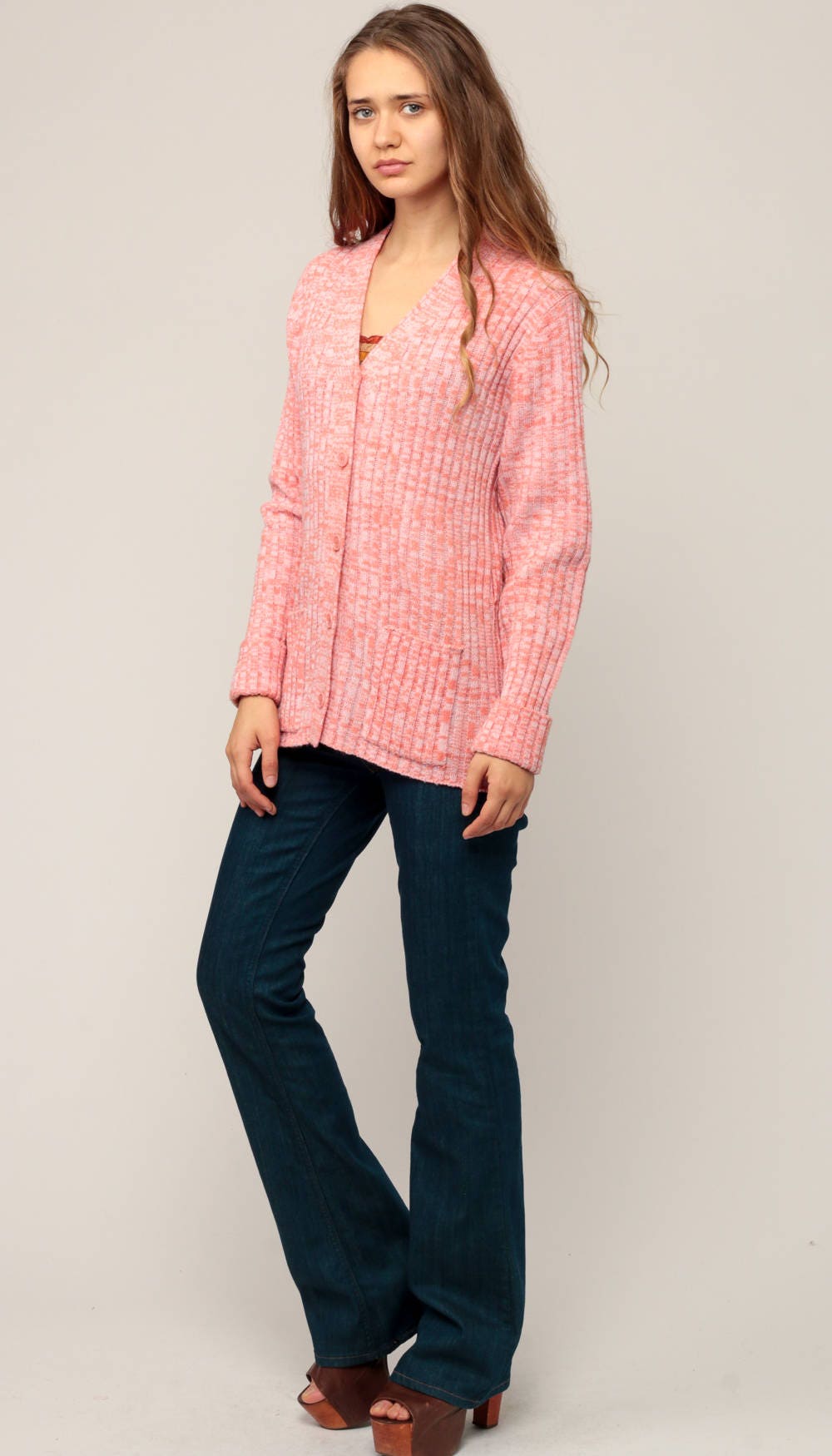 70s Space Dye Cardigan Sweater Orange Pink Ribbed Knit Button Up Medium