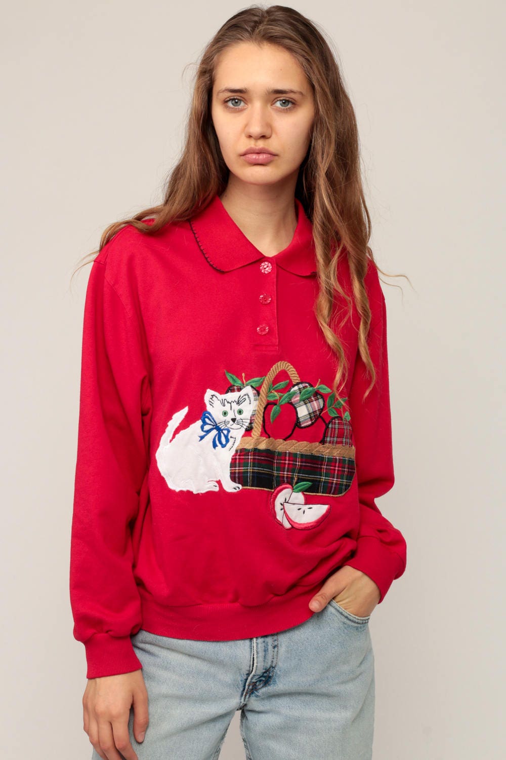 80s Cat Kitten Apple Basket Graphic Sweatshirt Red Collared Medium
