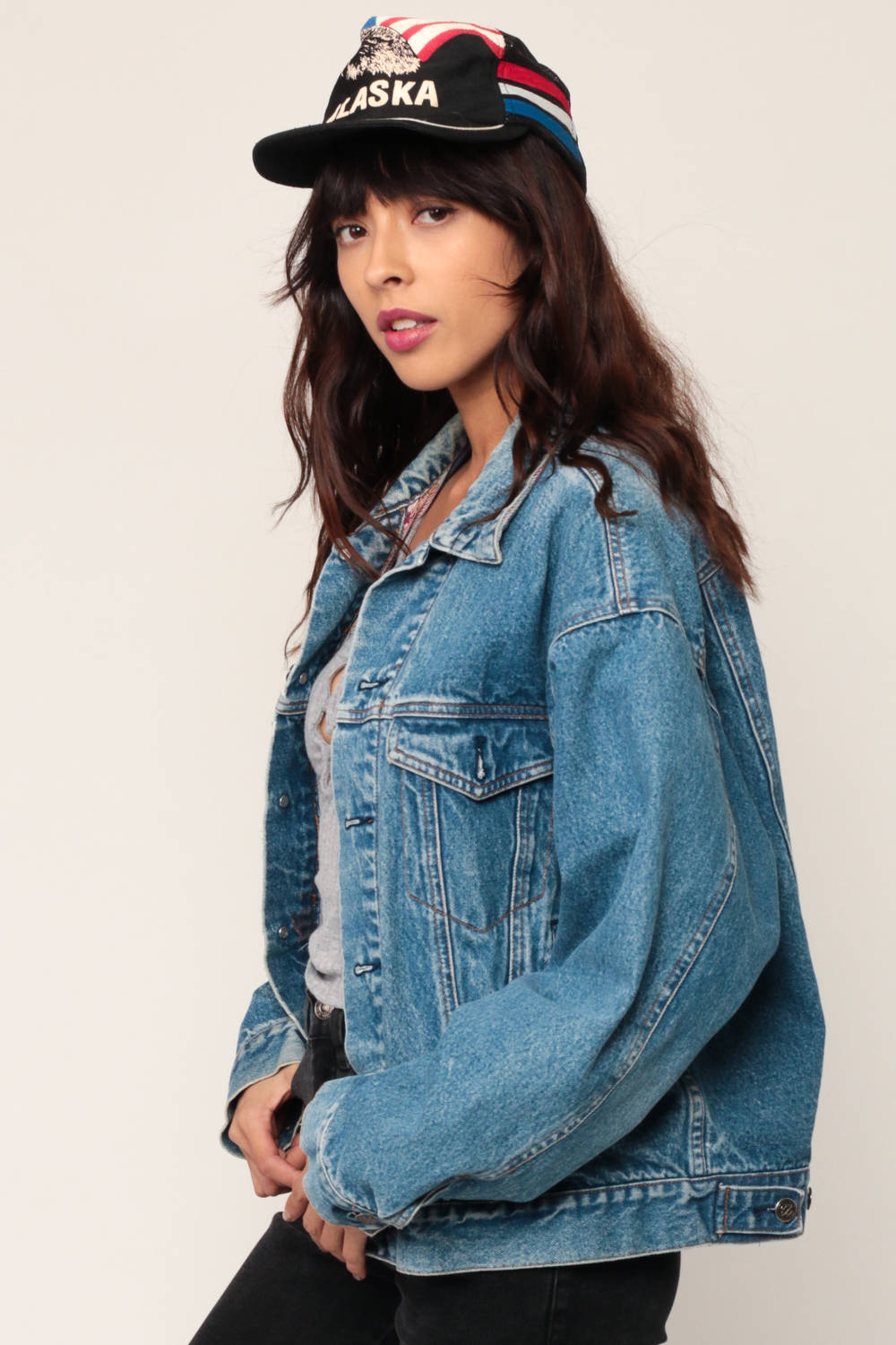 80s Blue Stone Wash Denim Jacket Plaid Lined Trucker Large