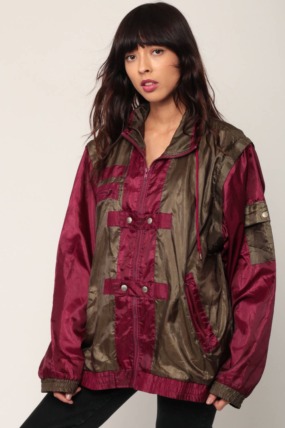 90s Color Block Windbreaker Jacket Removable Sleeves Red Brown Large