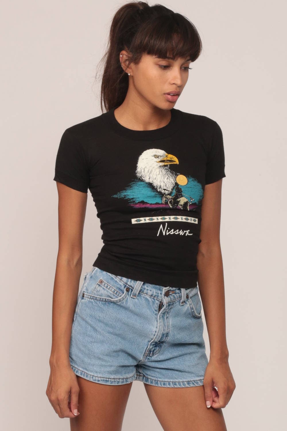 80s Nisswa Minnesota Eagle Native American Graphic T-Shirt Black Extra Small
