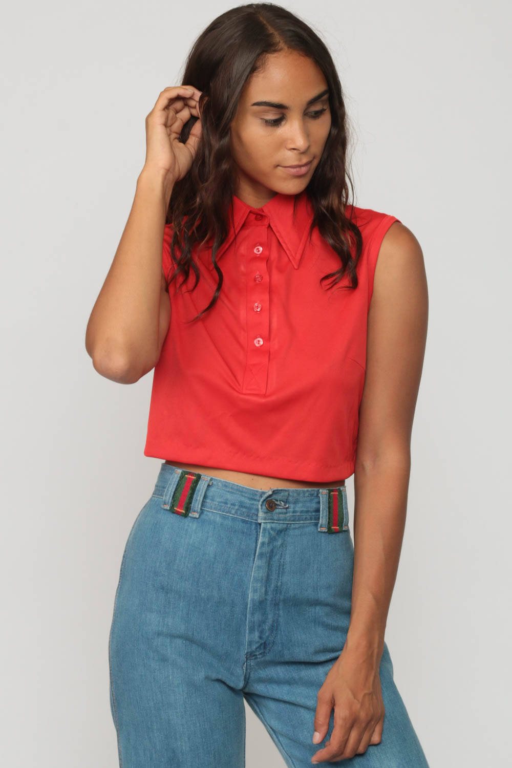70s Red Sleeveless Tank Top Crop Polo Button-Up Large