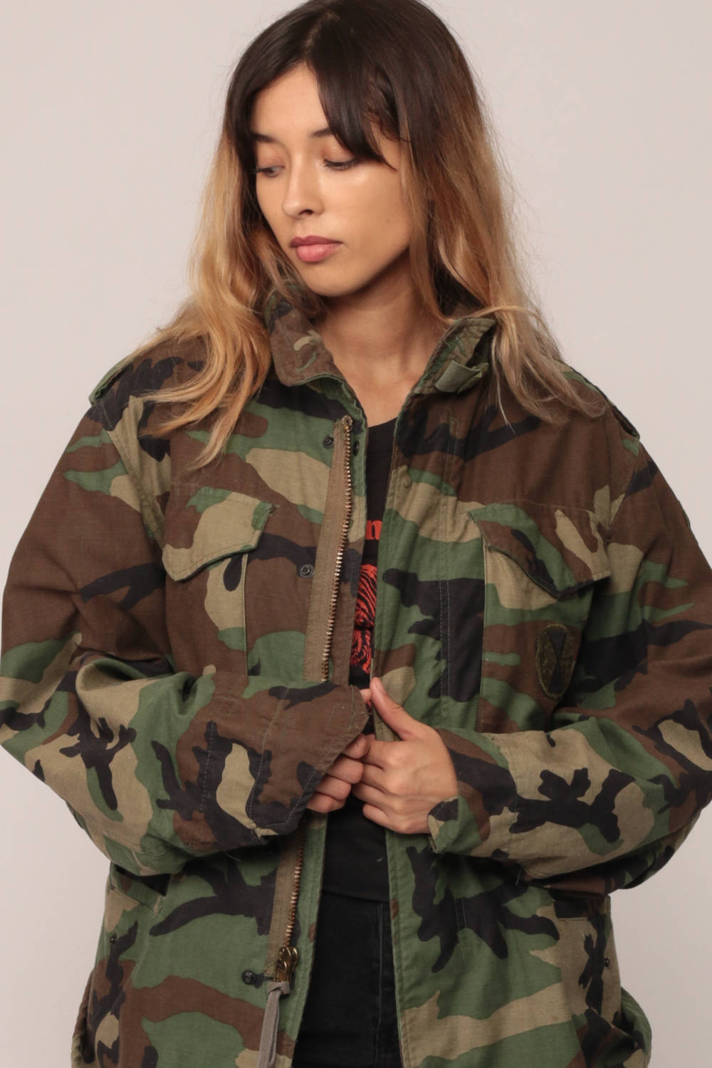 80s Camo Military Jacket Olive Green Brown Cargo Zip Unisex Small