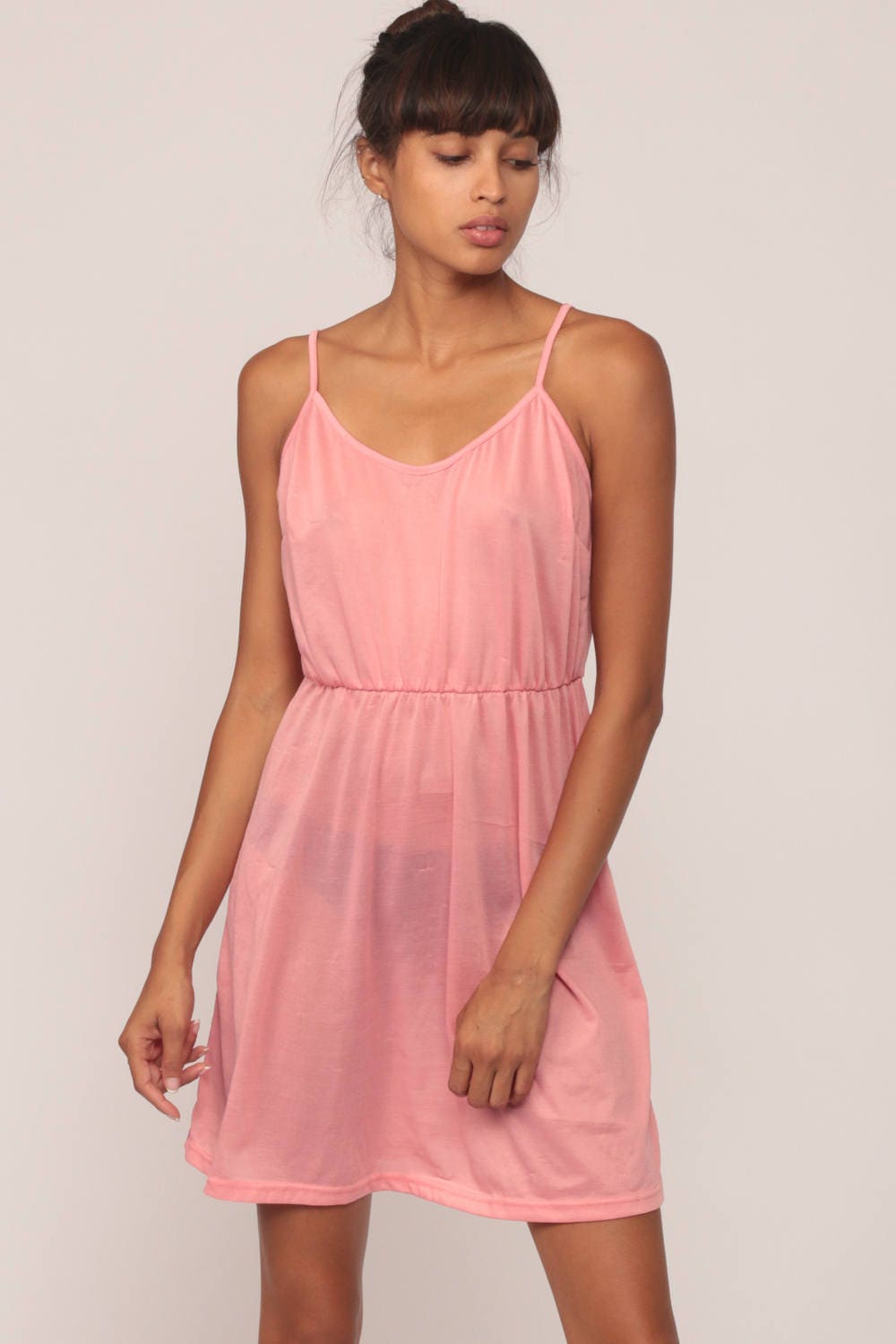80s Pink Sheer Mini Dress Spaghetti Strap High Waist Sundress Medium