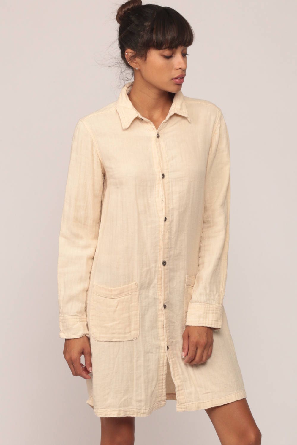 90s Cream Cotton Button-Up Mini Shirtdress Long Sleeve Extra Small XS