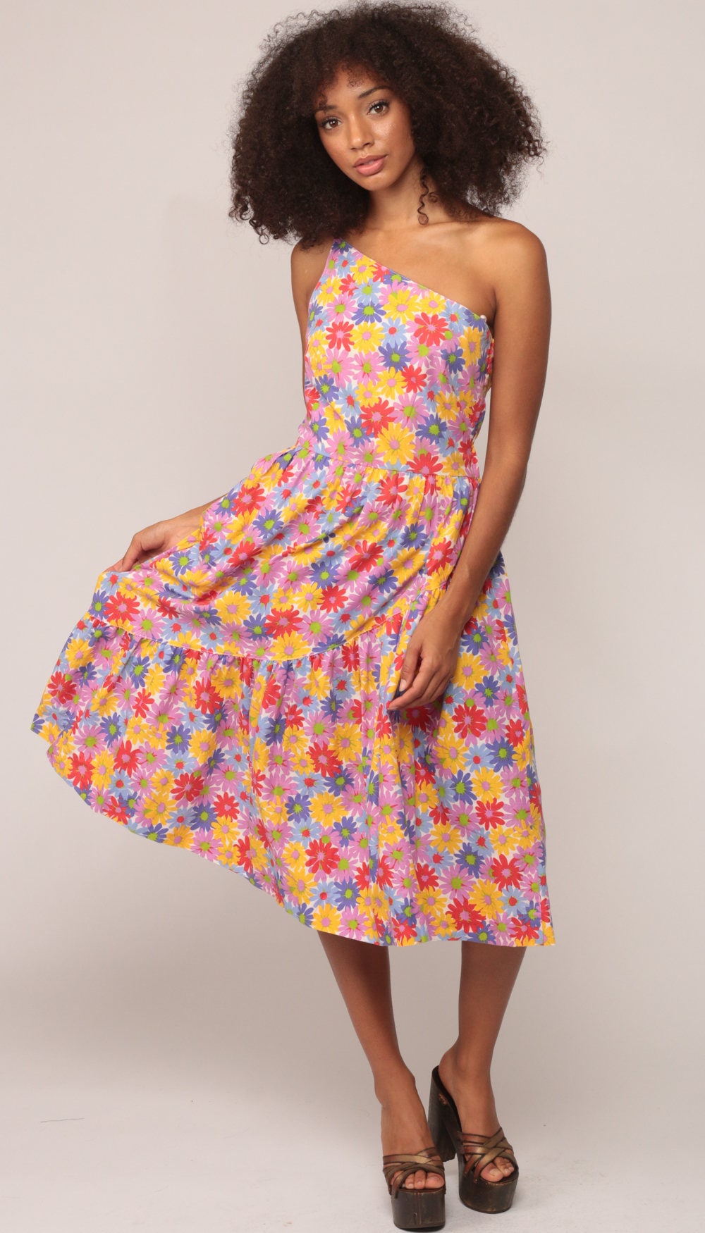 70s Lanz Floral One-Shoulder Midi Dress High Waist Pocket Cotton Extra Small