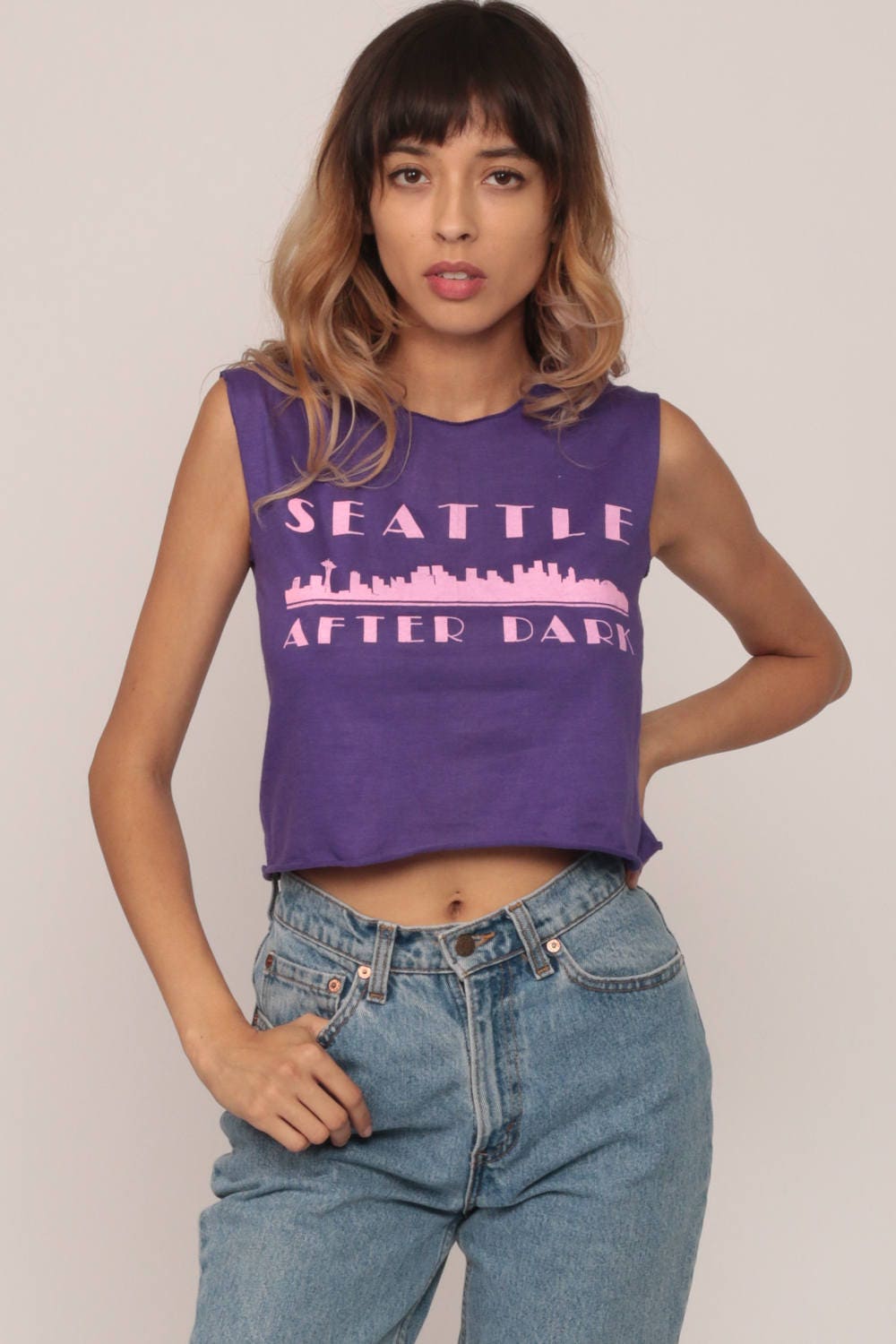 80s Seattle After Dark Tank Top Purple Graphic Crop Tee Small