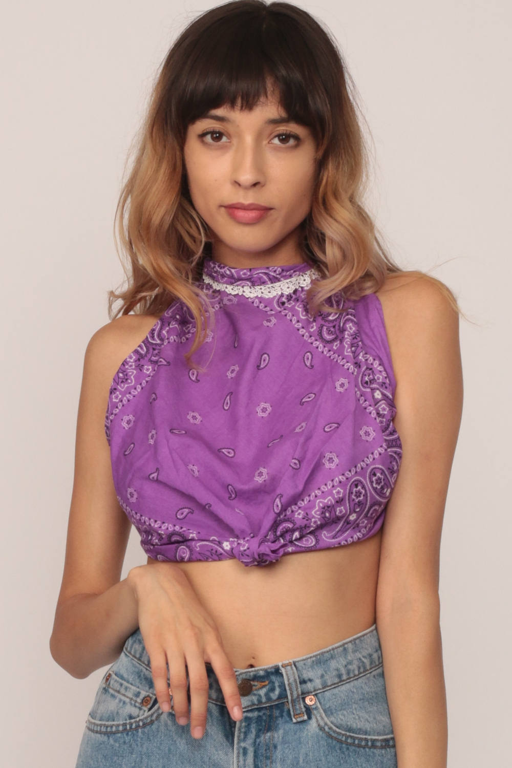 90s Bandana Print Tank Top Scarf Hem Backless Purple Medium Large