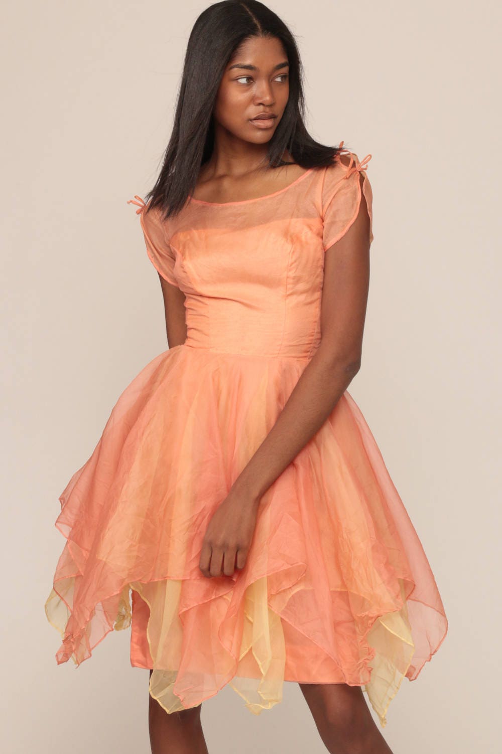 1950s Peach Chiffon Party Dress Illusion Neckline Mini Extra Small