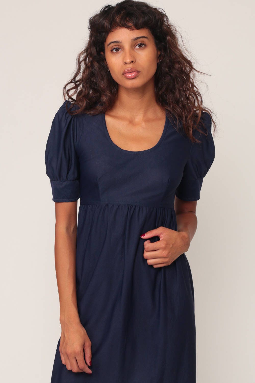 60s Navy Babydoll Dress Empire Waist Puff Sleeve Mini Mod Extra Small