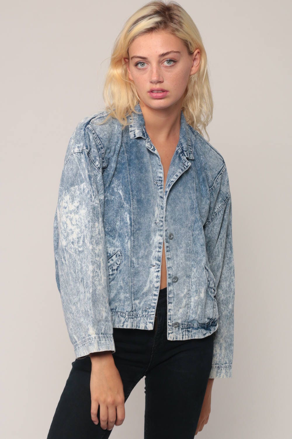 80s Acid Wash Denim Jacket Blue Jean Trucker Button Up Small