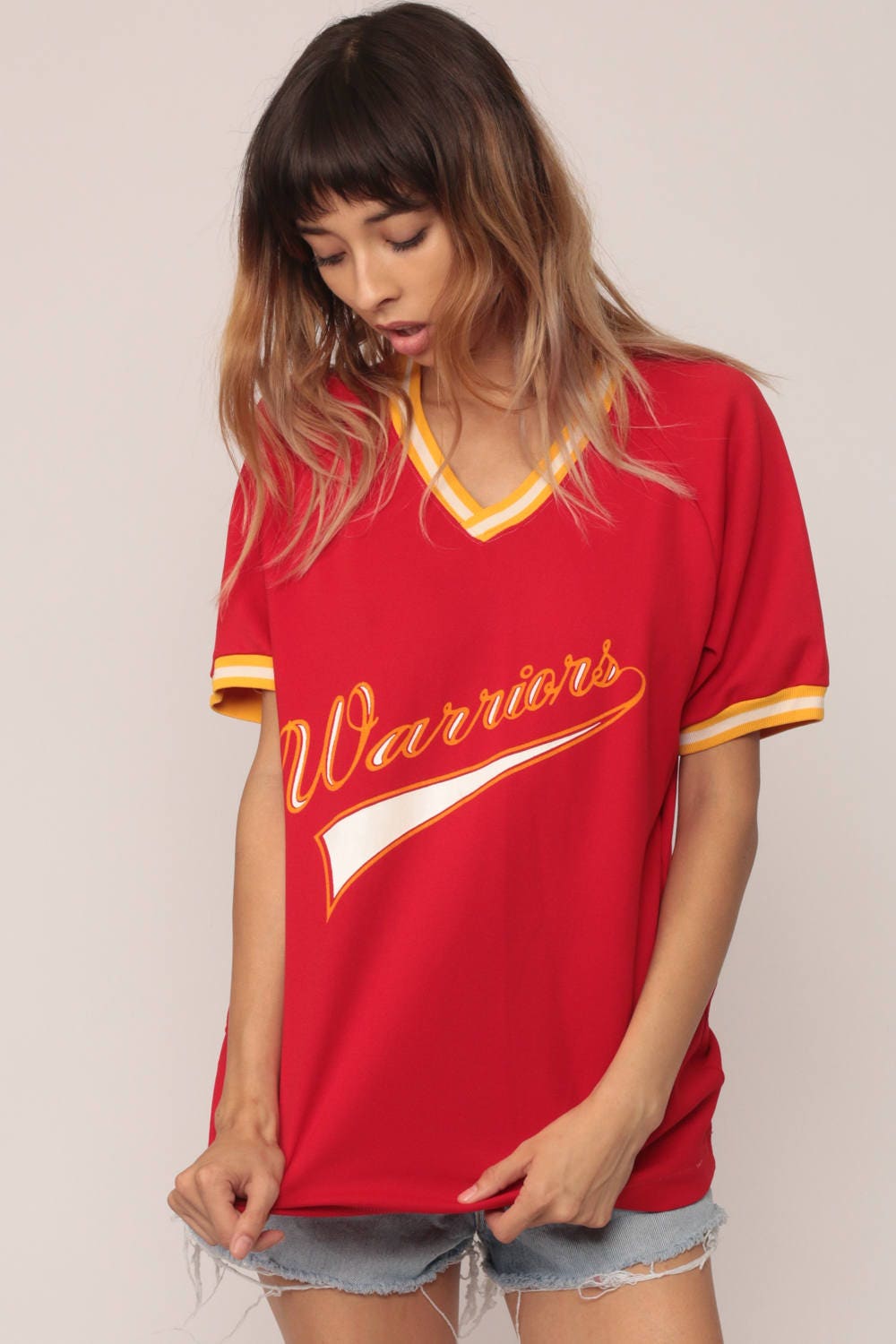 80s Warriors 11 Baseball Tee Ringer Shirt Red V-Neck Graphic Medium