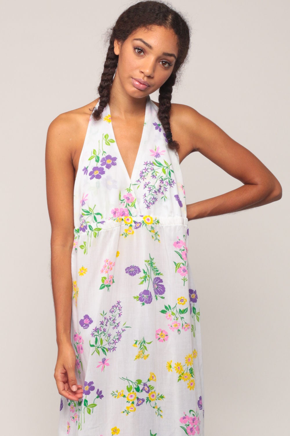 70s White Floral Halter Maxi Dress Deep V Backless Sundress Large