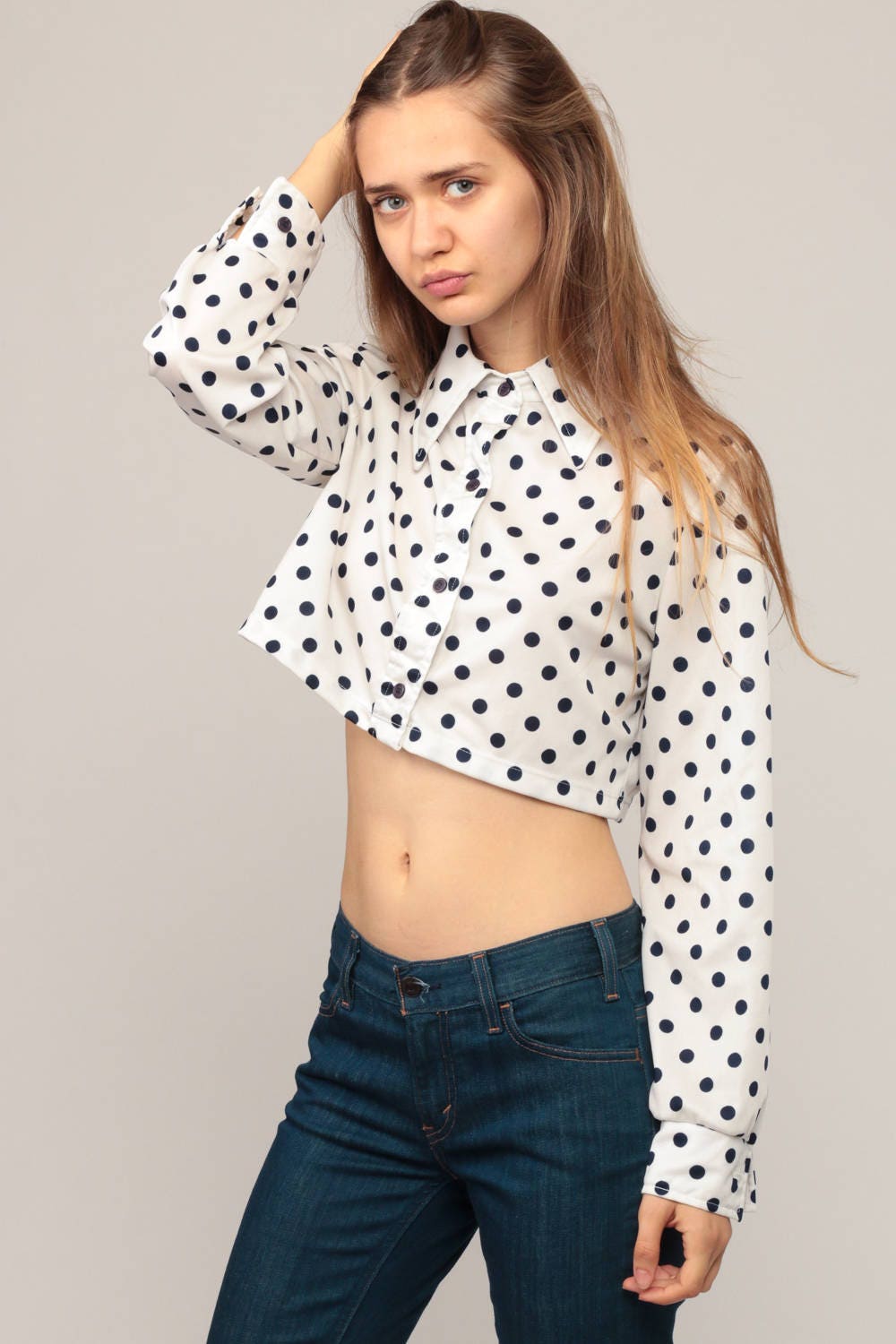 70s White Blue Polka Dot Crop Top Button Up Blouse Long Sleeve Small Medium