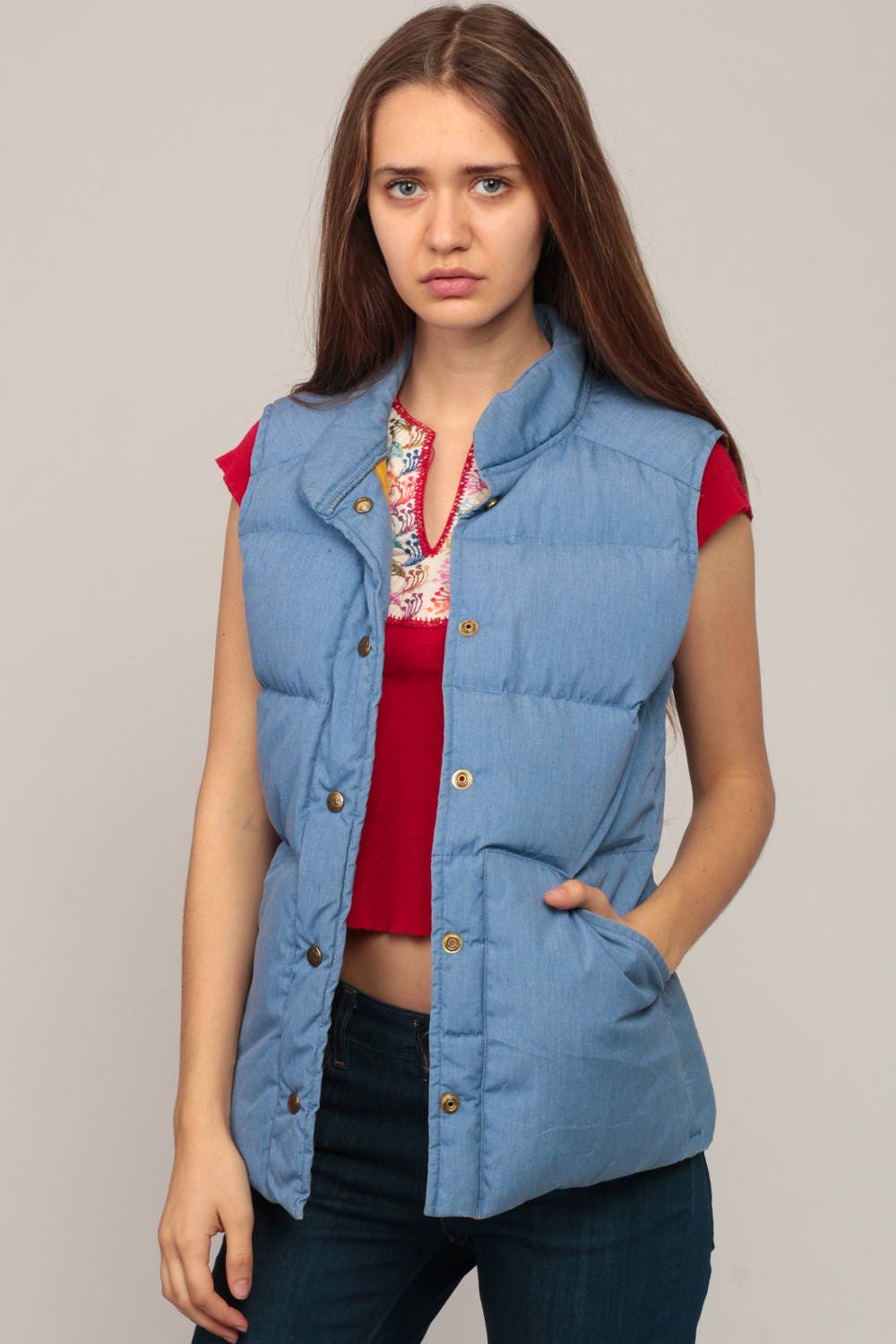 70s Goose Down Puffer Vest Blue Sleeveless Unisex Extra Small