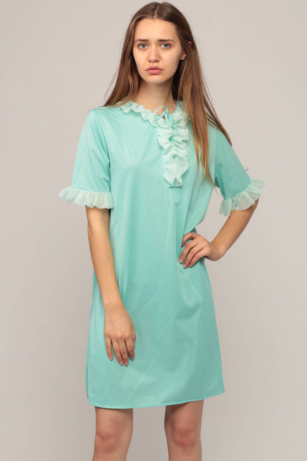 70s Seafoam Blue Babydoll Nightgown Mini Ruffle Trim Small Medium