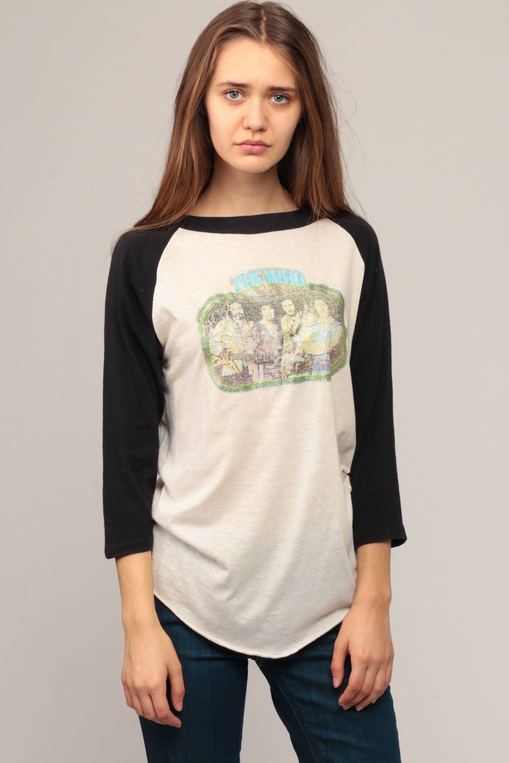 The Who Band Tee 80s Raglan Baseball T-Shirt Distressed Print Large