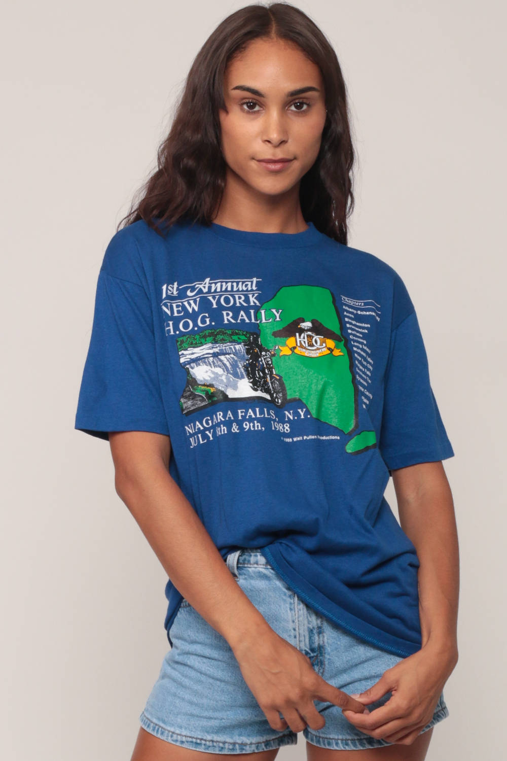 1988 New York Hog Rally Motorcycle Biker Graphic Tee Blue Medium Large