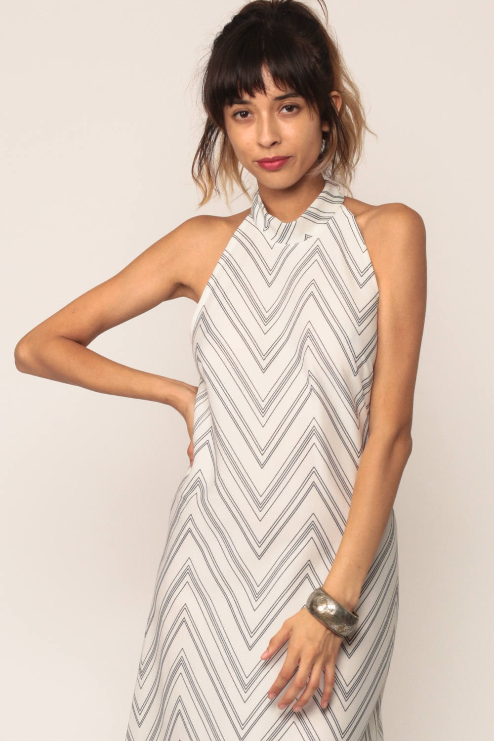 70s Halter Maxi Dress White Black Zig Zag Stripe Open Back Small Medium