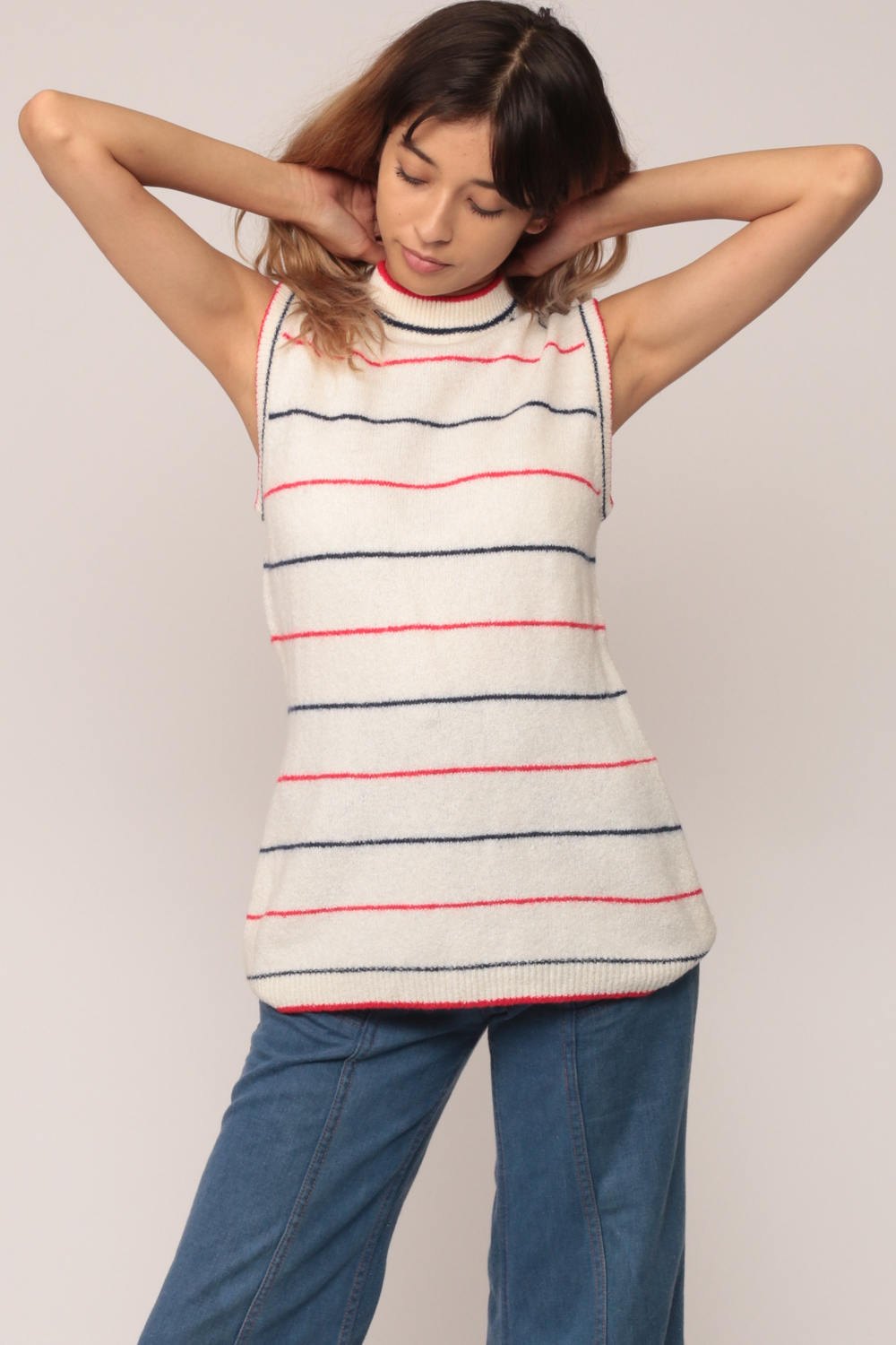 70s Striped Knit Tank Top Sleeveless Sweater Red White Blue Small Medium
