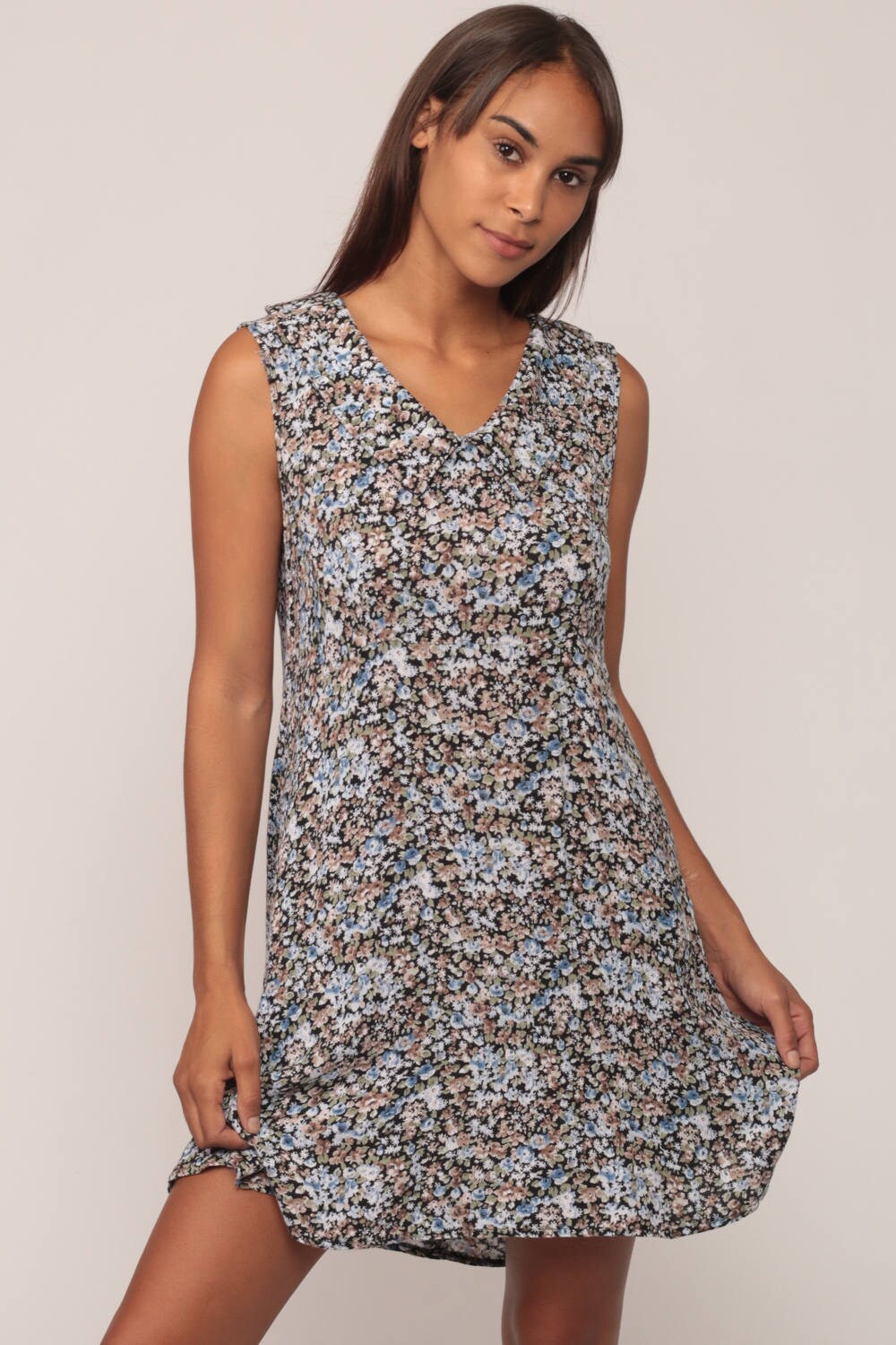 90s Floral Mini Shift Dress Sleeveless Collar Blue Medium Large