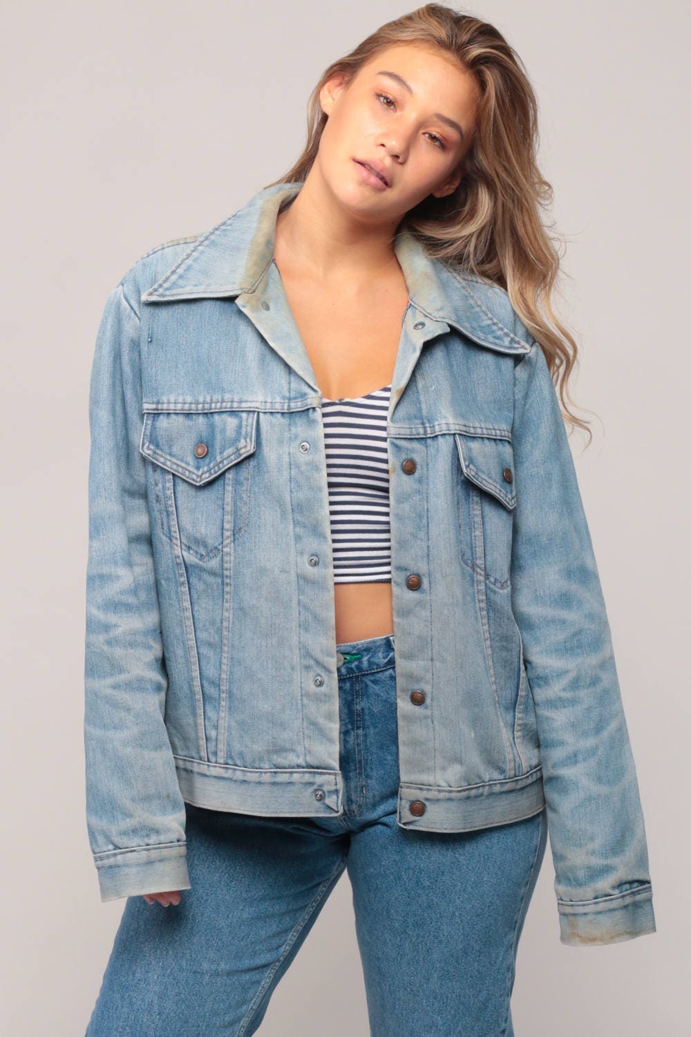 70s Blue Denim Jacket Quilted Red Lining Unisex Snap Front Extra Large