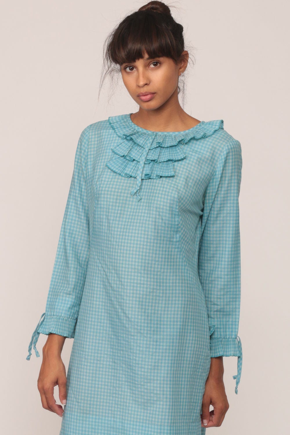 60s Blue Gingham Mini Dress Mod Shift Long Sleeve Ruffle Extra Small XS