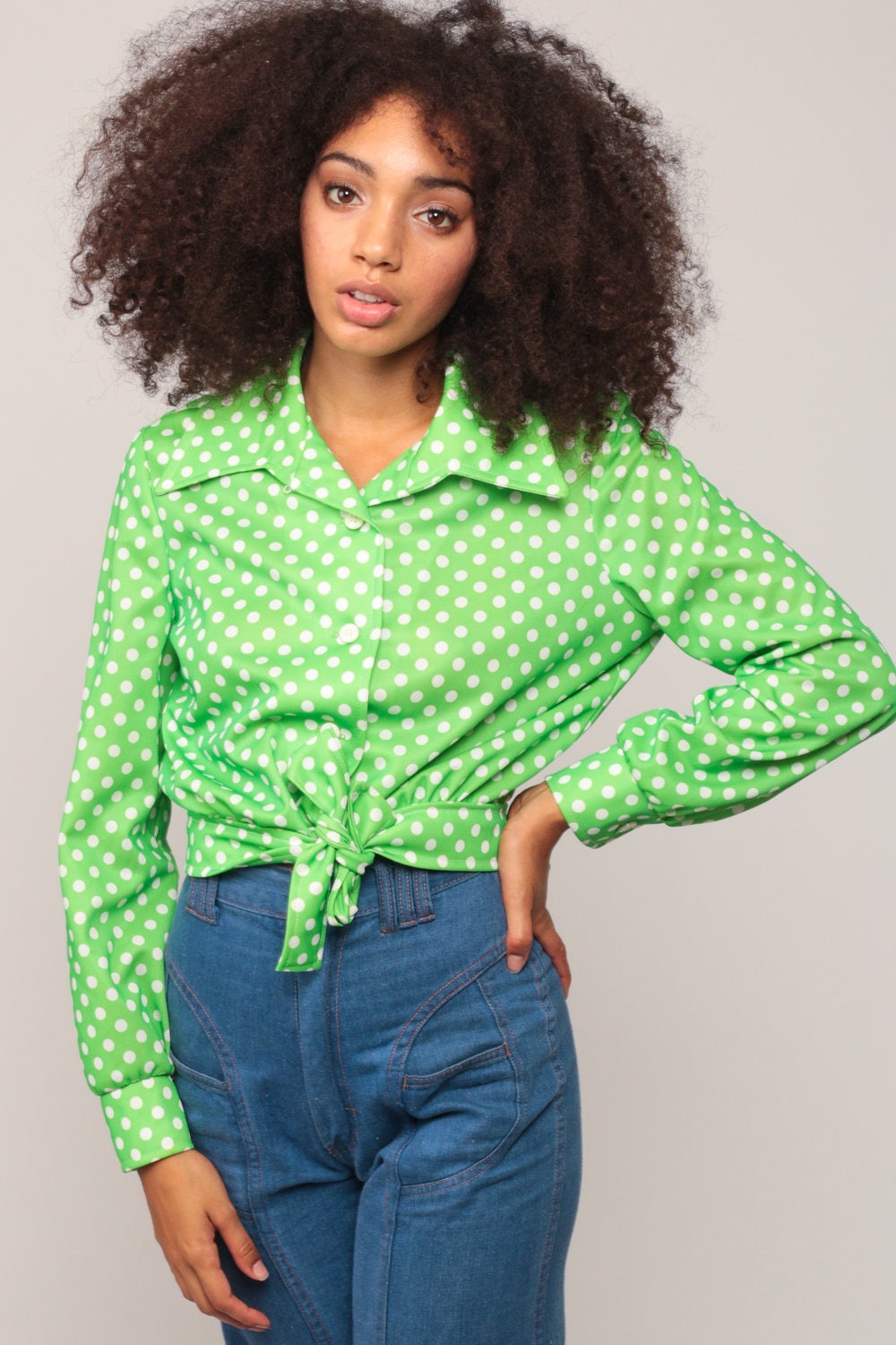 70s Lime Green Polka Dot Crop Top Long Sleeve Button Up Blouse Medium Large