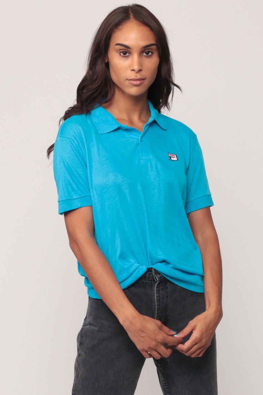 80s Fila Polo Shirt Turquoise Short Sleeve Cotton Blend Small